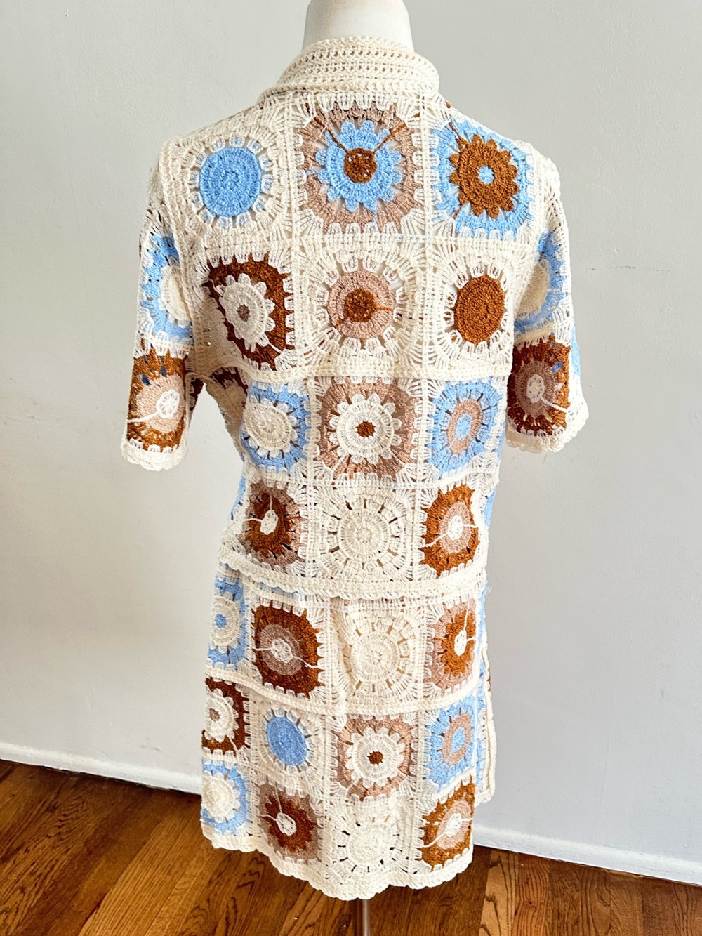 Crochet Two Piece Set Cream Brown Blue Boho Festival Skirt Set L/XL - Picture 5 of 6